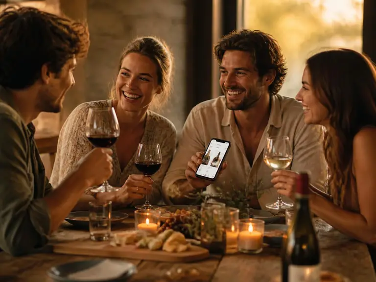 Fire venner hygger sig ved middagsbordet med vin og kigger sammen på MYVINO på telefonen