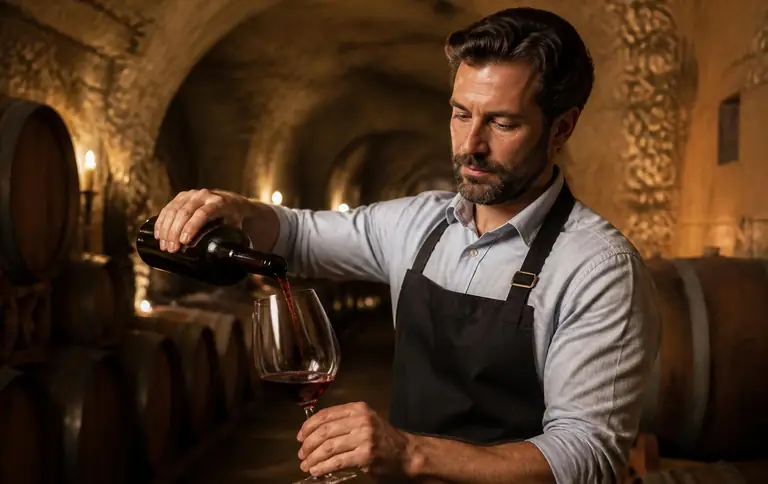 Professionel sommelier skænker rødvin i et glas i en varmt oplyst vinkælder